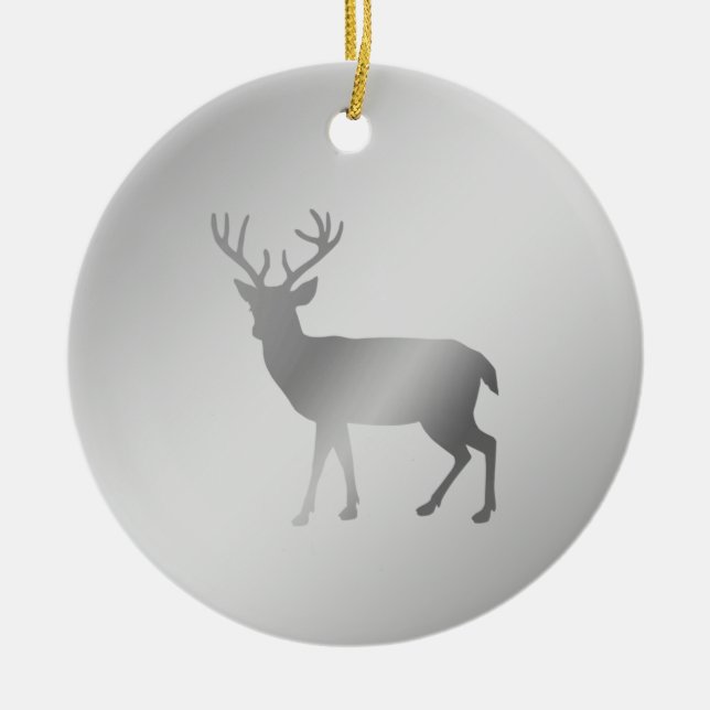 Reindeer silhouette on silver gray shades ceramic ornament (Front)