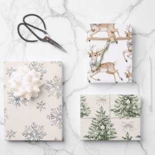 Reindeer Silver Snowflakes Christmas Trees Wrapping Paper Sheets