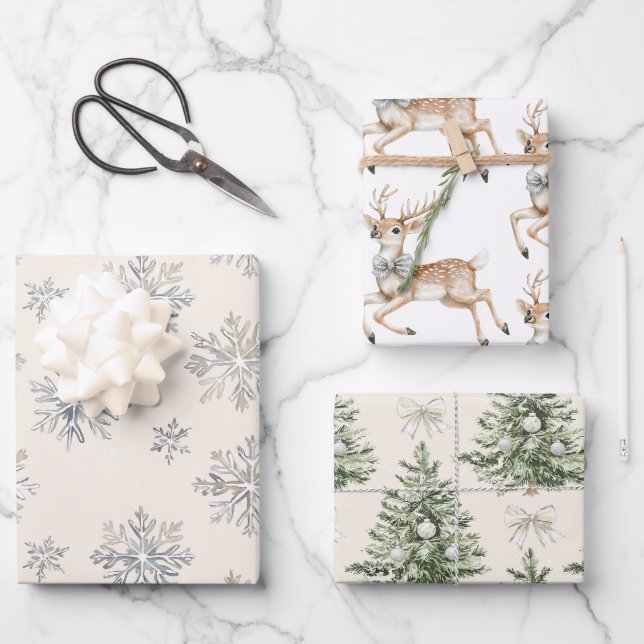 Reindeer Silver Snowflakes Christmas Trees Wrapping Paper Sheets (Front)