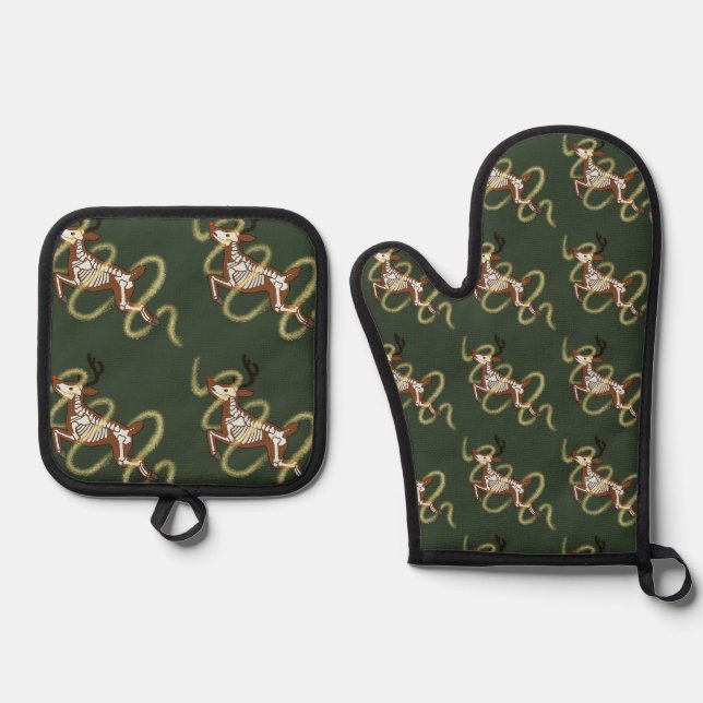 Reindeer Skeleton Oven Mitt & Pot Holder Set (Front)