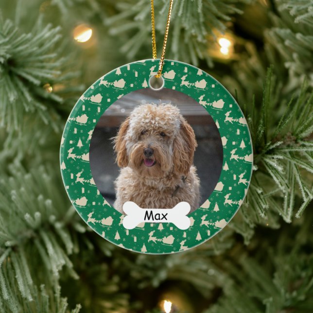 Reindeer Sledge Custom Pet Puppy Dog Photo Ceramic Ornament (Tree)