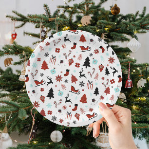 Reindeer Sleigh Christmas Pine Trees Paper Plates