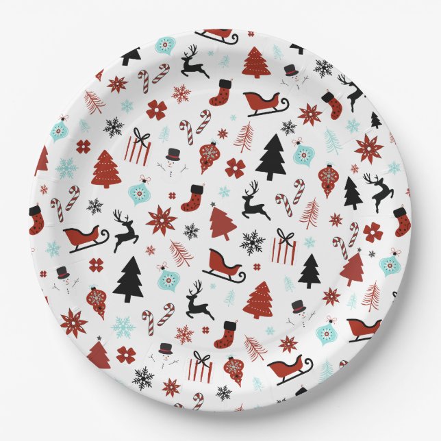 Reindeer Sleigh Christmas Pine Trees Paper Plates (Front)
