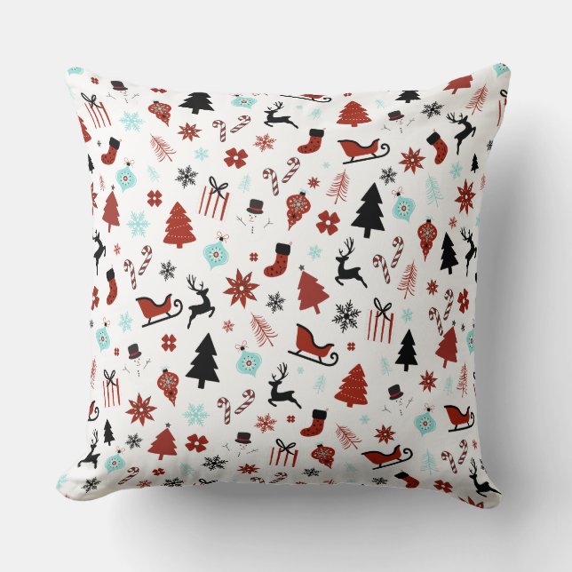 Reindeer Sleigh Christmas Pine Trees Throw Pillow (Front)