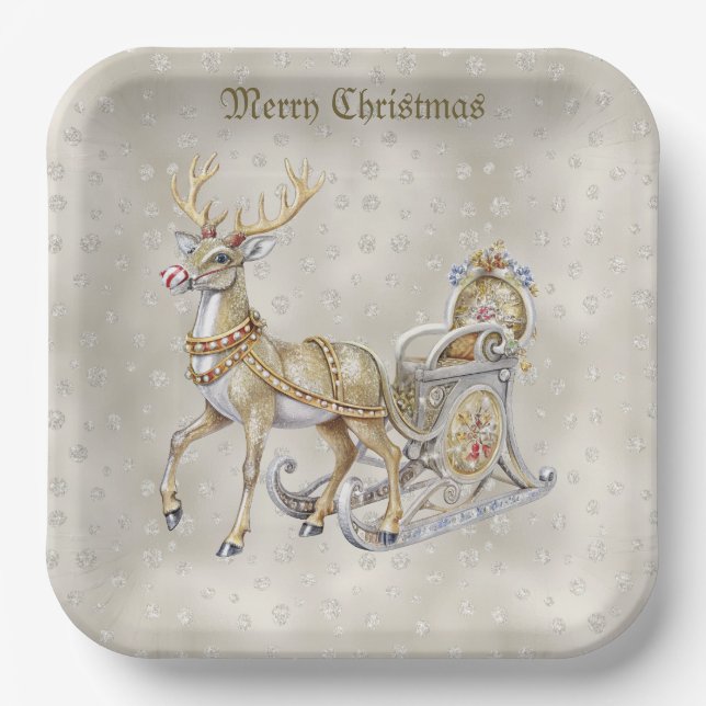 Reindeer Sleigh Holiday Paper Plate (Front)