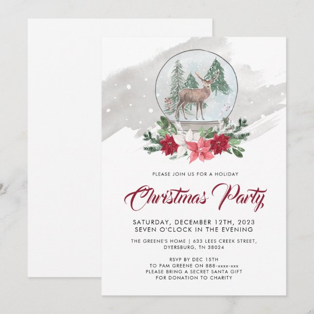 Reindeer Snow Globe Poinsettia Christmas Party Invitation (Front/Back)
