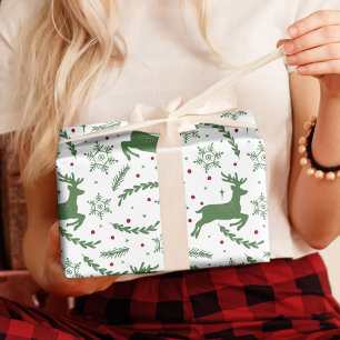 Reindeer & Snowflake Yule Christmas Green Wrapping Paper