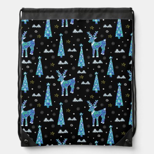 Reindeer snowflakes Christmas pattern Drawstring Bag