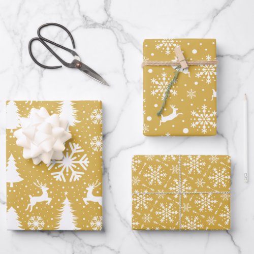 Reindeer Snowflakes Christmas Trees Gold Pattern  Wrapping Paper Sheets