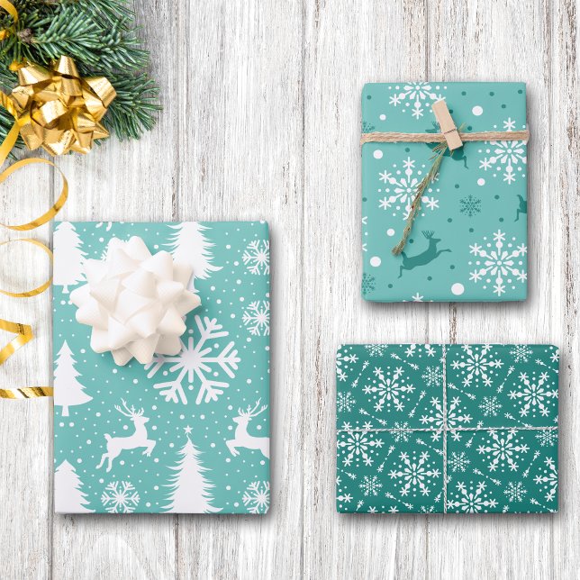 Reindeer Snowflakes Christmas Trees Teal Pattern Wrapping Paper Sheets (Creator Uploaded)