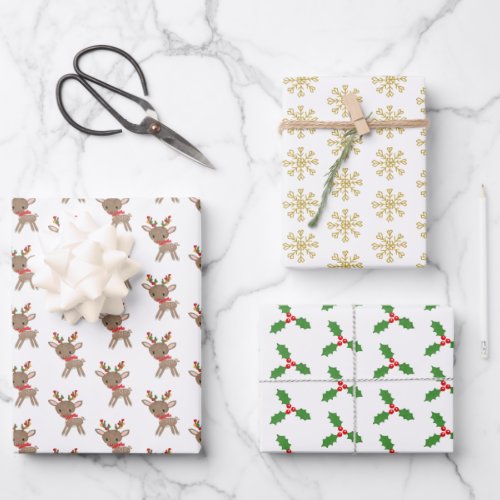 Reindeer Snowflakes Holly Berries Christmas Wrapping Paper Sheets