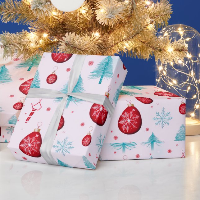 Reindeer Snowflakes Ornaments White Christmas Wrapping Paper (Holidays)