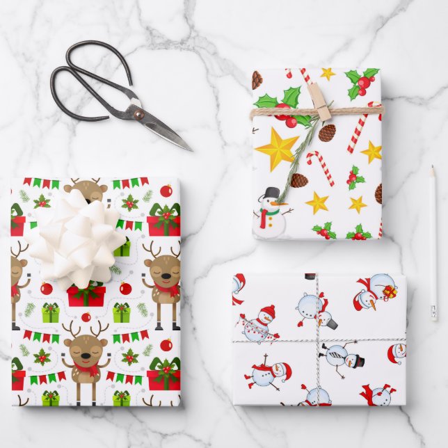 Reindeer Snowman Candy Stars Christmas Wrapping Paper Sheets (Front)