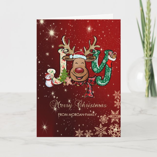 Reindeer,Snowman,Snowflakes Red Holiday Card (Front)