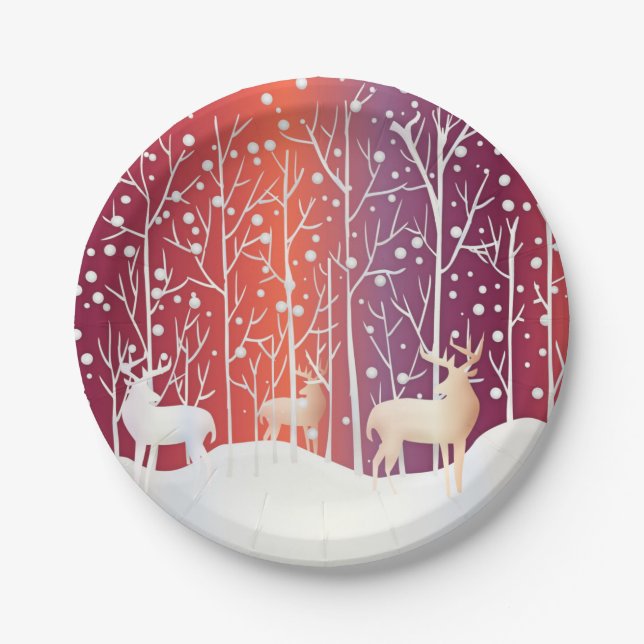 Reindeer Snowy Holiday Paper Plate (Front)