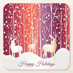 Reindeer Snowy Holiday Square Paper Coaster