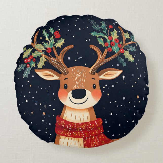 Reindeer Starry Christmas Twinkle Night Round Pillow (Front)
