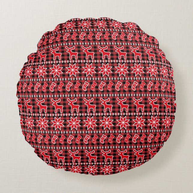 Reindeer Stocking Fair Isle Christmas Pattern Round Pillow (Front)