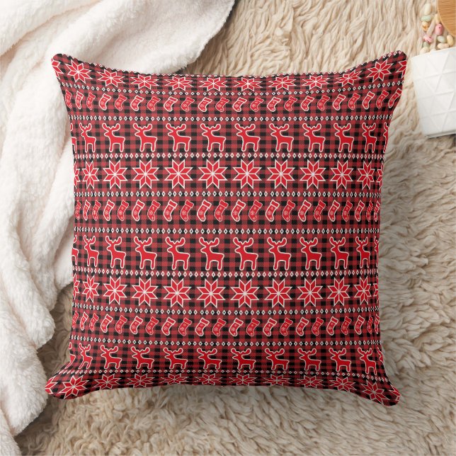 Reindeer Stocking Fair Isle Christmas Pattern Throw Pillow (Blanket)