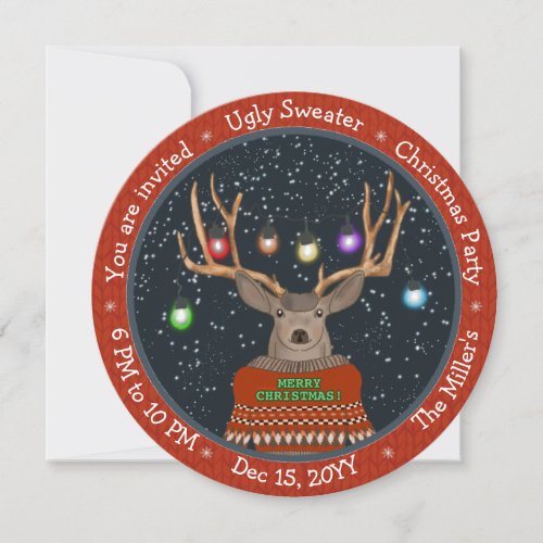 Reindeer Tangled Christmas Lights Red Ugly Sweater Invitation