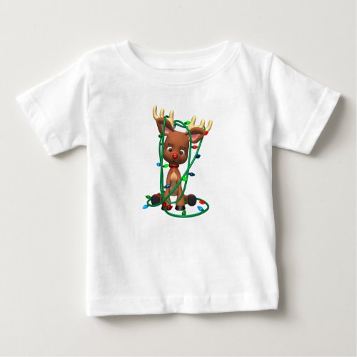 Reindeer Tangled in Christmas Lights Baby T_Shirt