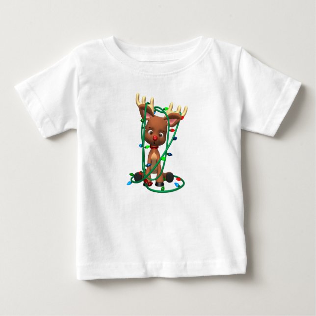 Reindeer Tangled in Christmas Lights Baby T-Shirt (Front)