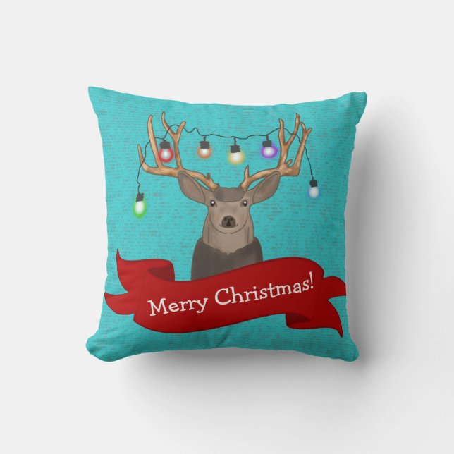 Reindeer Tangled in Christmas Lights | Turquoise Throw Pillow (Front)