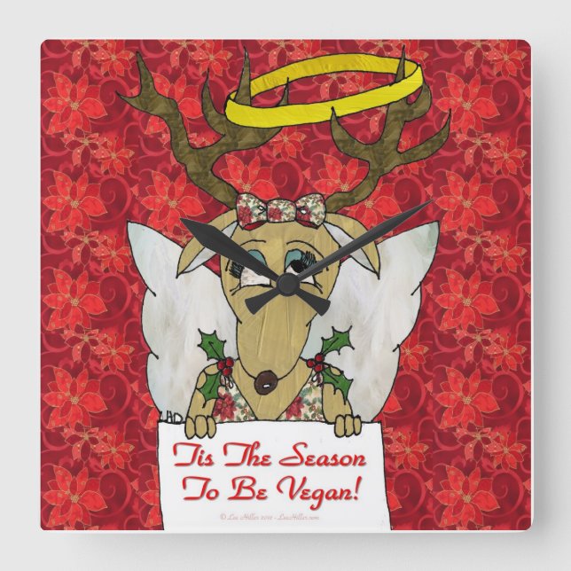 Reindeer Tis The Season to Be Vegan Square Clock (Front)