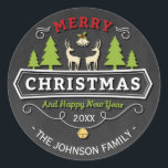 Reindeer Tree Christmas with Chalkboard Classic Round Sticker<br><div class="desc">Reindeer Tree Christmas with Chalkboard Sticker</div>