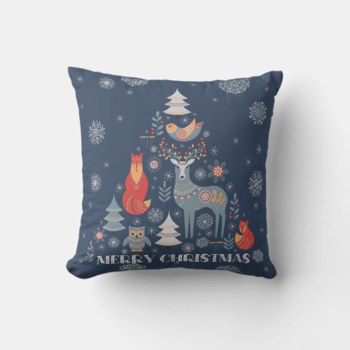 Reindeer Tree Scandinavian Animal Snowflake Blue  Throw Pillow