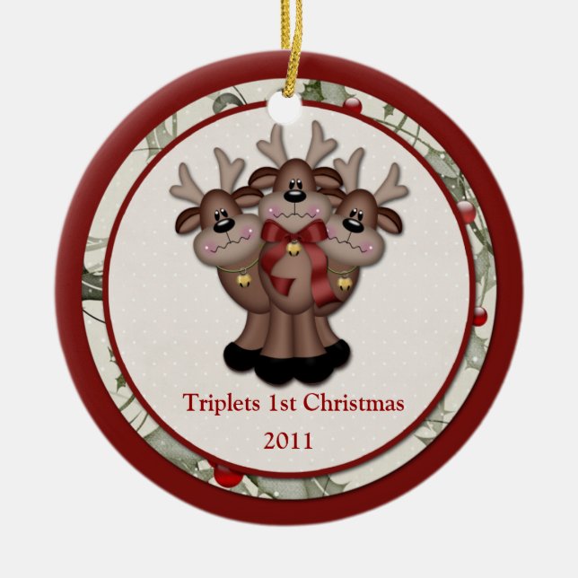 Reindeer Triplets 1st Christmas Ceramic Ornament (Front)