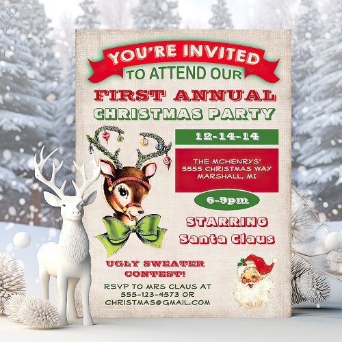 Reindeer Vintage Retro Christmas Party Invitation