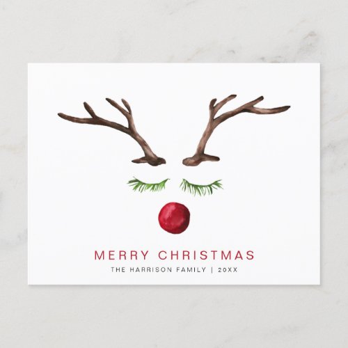 Reindeer Watercolor Minimal Modern Merry Christmas Holiday Postcard