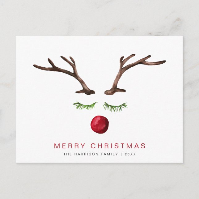 Reindeer Watercolor Minimal Modern Merry Christmas Holiday Postcard (Front)