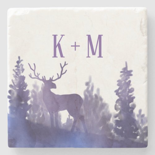 Reindeer Watercolor Purple Winter Wedding Monogram Stone Coaster