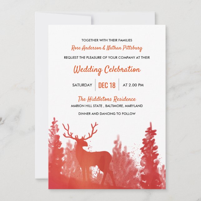 Reindeer Watercolor Red | Winter Wedding Invitation (Front)