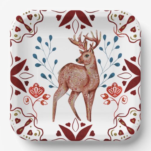 Reindeer Watercolor Scandinavian Folk Art Holiday  Paper Plates