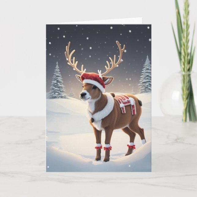 Reindeer Wearing a Santa Hat Holiday Card (Front)