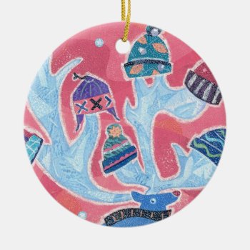 Reindeer Wearing Many Hats In Winter Christmas Ceramic Ornament by WhimsyWiggle at Zazzle