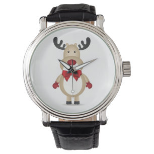 Reindeer Wearing Red Bow Tie Vintage Leather Watch