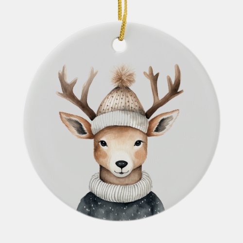 Reindeer wearing winter beanie and sweater  ceramic ornament