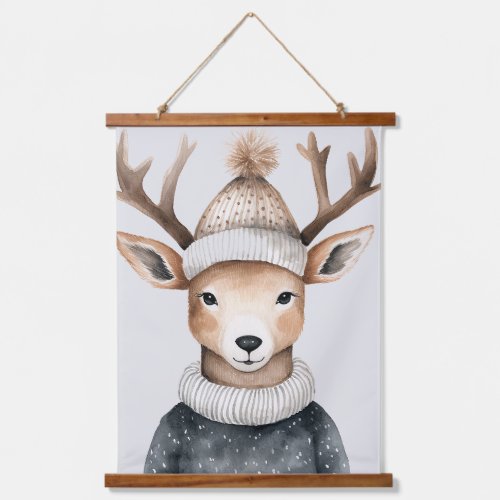 Reindeer wearing winter beanie and sweater  hanging tapestry