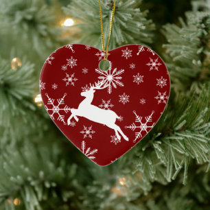 Reindeer White Snowflake On Red Pattern Ceramic Ornament