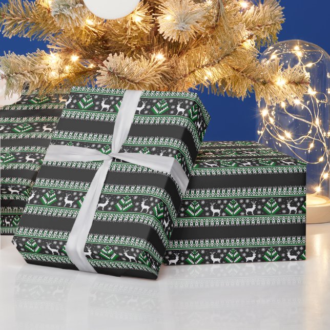 Reindeer Winter Fair Isle Pattern in Black Wrapping Paper (Holidays)