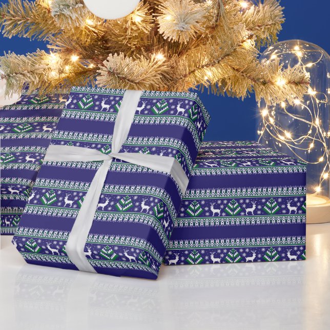 Reindeer Winter Fair Isle Pattern in Dark Blue Wrapping Paper (Holidays)