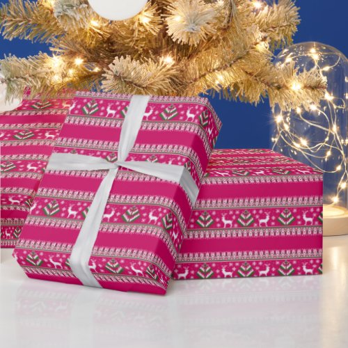 Reindeer Winter Fair Isle Pattern in Pink Wrapping Paper