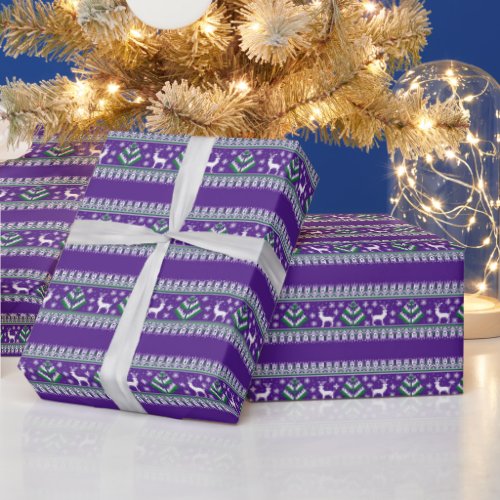 Reindeer Winter Fair Isle Pattern in Purple Wrapping Paper