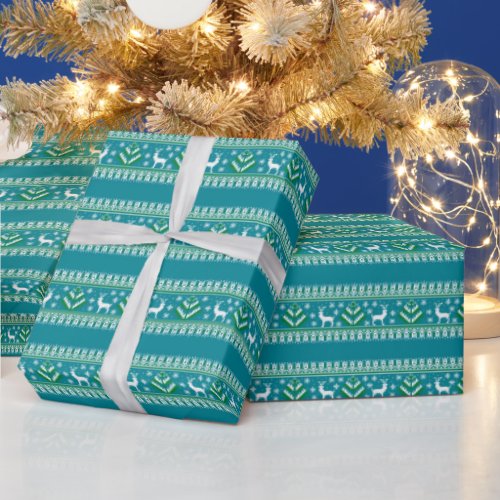 Reindeer Winter Fair Isle Pattern in Teal Blue Wrapping Paper