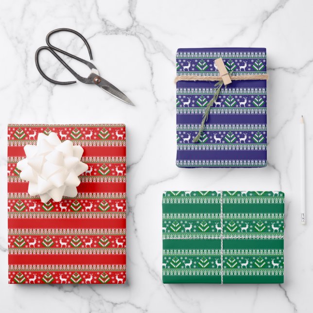 Reindeer Winter Fair Isle Seamless Pattern Wrapping Paper Sheets (Front)