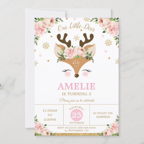 Reindeer Winter Gold Snowflakes Birthday Party Invitation